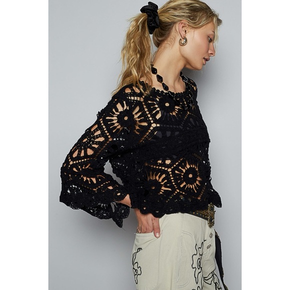POL Black Crochet Top | Boho Bell Sleeve Knit | Summer Goth Festival Vibe - Picture 4 of 7